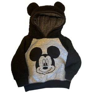 Disney Mickey Mouse Hoodie Baby 6-9M‎ Black Grey Sherpa Ears Pullover